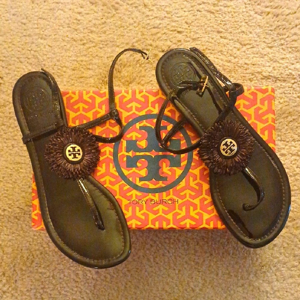 Tory Burch Black Thong Sandals with Gold Logo